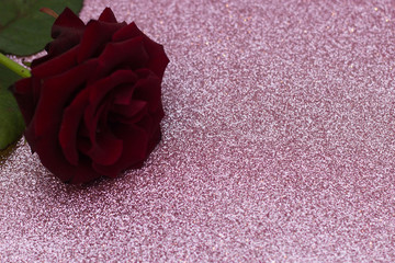 Red rose blurred bokeh background. Valentine or wedding background, Valentine's Day card. Rosa on a pink shiny background