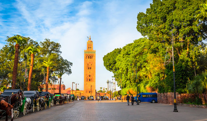 Fototapeta na wymiar Koutoubia Mosque minaret in old medina of Marrakech, Morocco