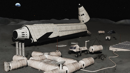 3D Illustration of a Space Ship on the surface of the Moon. Landing. Futuristic city, base, town on moon. Elements of this image furnished by NASA © Infinity Nostalgia