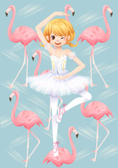 Character of Ballet dancer girl and flamingo