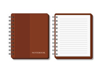 Spiral notebook with a cover of brown color and with the inscription notebook and open the same