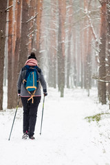 Winter nordic walking in the forest during snowfall