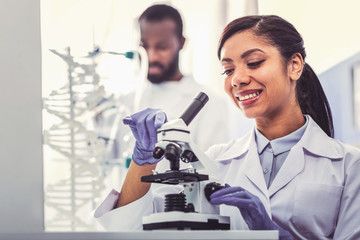 Smiling chemical assistant working with male boss