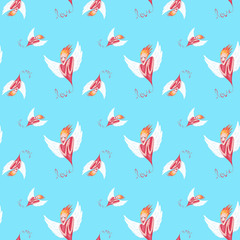 Geschenkpapier, Tapete, Hintergrund, Vorlage nahtloses Muster, seamless pattern Liebe/ Love/ Valentinstag/ Hochzeit, Engel blau, Illustration und Design von Kathrin Schwertner 