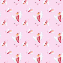 Geschenkpapier, Tapete, Hintergrund, Vorlage nahtloses Muster, seamless pattern Liebe/ Love/ Valentinstag/ Hochzeit, Engel rosa, Illustration und Design von Kathrin Schwertner 
