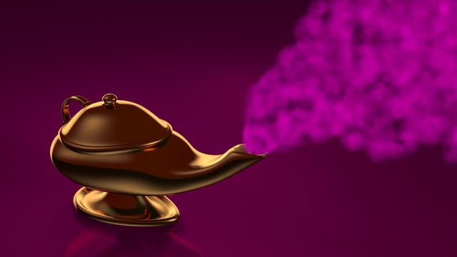 Gold Magic Lamp sitting on Magenta Background with Pink Smoke Coming Out - 3d Animation concept for wish or opportunity.
