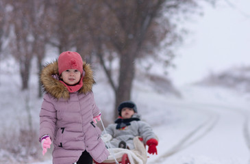 driving on a sled in the snow