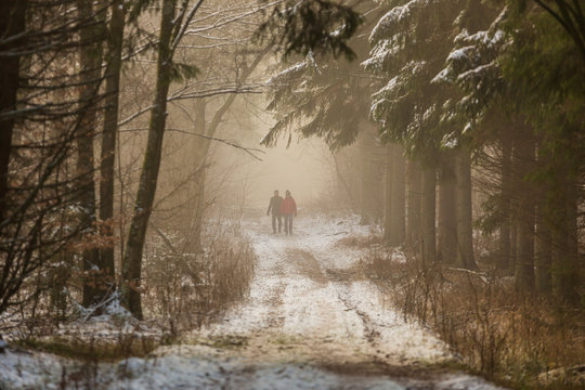 Man och kvinna promenerar i en skog en kall vinterdag