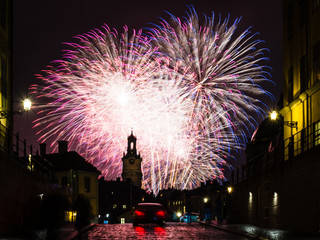 fireworks over stockholm city at new years eve