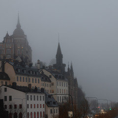 Fototapeta na wymiar misty morning over mariaberget in stockholm