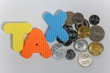 Tax word concept with coin on white background.