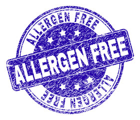 ALLERGEN FREE stamp seal watermark with distress style. Designed with rounded rectangle and circles. Blue vector rubber watermark of ALLERGEN FREE caption with corroded style.