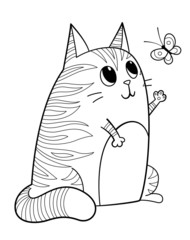 Doodle coloring book page cute cat and butterfly