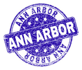 ANN ARBOR stamp seal watermark with grunge style. Designed with rounded rectangle and circles. Blue vector rubber watermark of ANN ARBOR tag with grunge style.