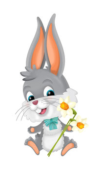 cartoon happy easter rabbit with basket full of easter eggs on white background - illustration for children