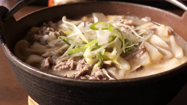 Japanese cuisine: Hoto is a noodle soup and popular regional dish originating from Yamanashi, made by stewing flat udon noodles vegetables in miso soup and meat