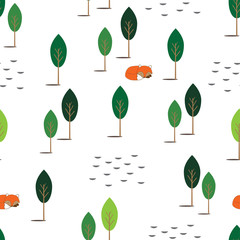 Cute forest fox trees white background. Vector illustration. Textile pattern. 