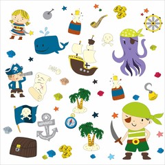 Fototapeta premium Cartoon pirates whale parrot blindfold saber frigate chest tube octopus palm flag flag steering sailor