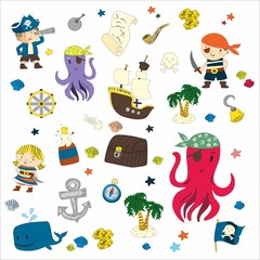 Cartoon pirates whale parrot blindfold saber frigate chest tube octopus palm flag flag steering sailor