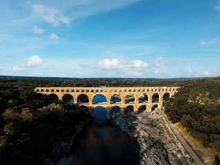 Roman aqueduct, Pont du Gard, Languedoc-Roussillon France, aerial view