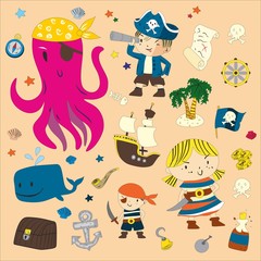 Fototapeta premium Cartoon pirates whale parrot blindfold saber frigate chest tube octopus palm flag flag steering sailor