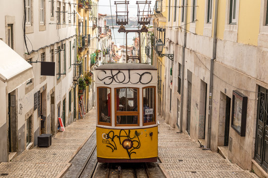 Traditional transport of Lisbon. Tram in Portugal, Europe
