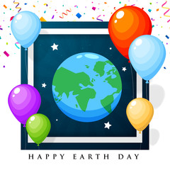 Earth illustration on dark background frame with colorful balloon
