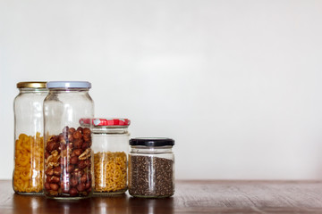 Food in glass jars with copy space. Zero Waste, plastic free concept