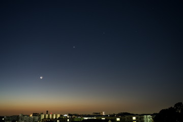 Tokyo,Japan-February 2, 2019: (from left) Saturn, the Moon, Venus, Jupiter and Scorpio at daybreak 
