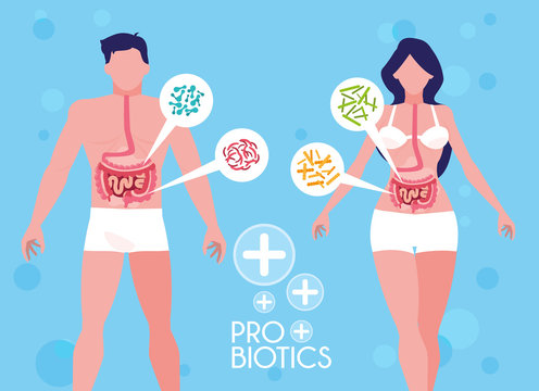 body of man and woman with probiotics organisms