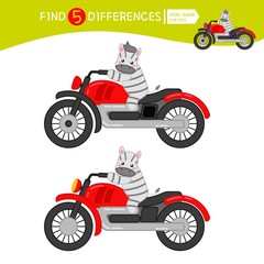 Find differences.  Educational game for children. Cartoon vector illustration of cute zebra on a motorcycle.