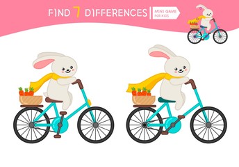 Find differences.  Educational game for children. Cartoon vector illustration of cute hare on a bicycle.