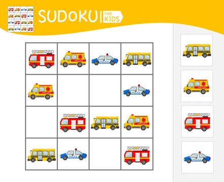 Sudoku game for children with pictures. Kids activity sheet.  Cartoon cars.