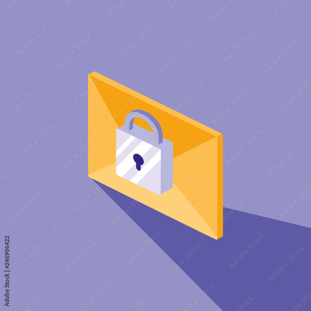 Poster cyber security with envelope mail and padlock