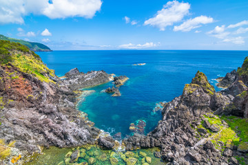 Fototapeta na wymiar Beautiful view of the beach in Santa Cruz das Flores Village - Flores Island - Azores Portugal