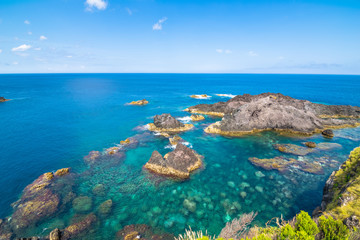 Beautiful view of the beach in Santa Cruz das Flores Village - Flores Island - Azores Portugal