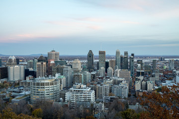 Fototapeta na wymiar Montreal skyline, with the iconic buildings of the Downtown and the CBD business skyscrapers taken from the Mont Royal Hill. Montreal is the main city of Quebec, and the second city in Canada