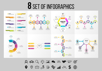 Fototapeta na wymiar Set Of 8 Infographics Elements Vector Design Template. Business Data Visualization Infographics Timeline with Marketing Icons most useful can be used for workflow, presentation, diagrams, reports