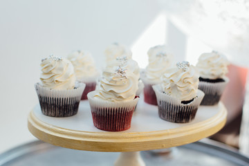 Tasty cupcakes with cream cheese frosting. Homemade cupcakes on rustic wooden board. Cupcakes for party.