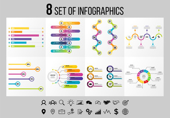 Set Of 8 Infographics Elements Vector Design Template. Business Data Visualization Infographics Timeline with Marketing Icons most useful can be used for workflow, presentation, diagrams, reports