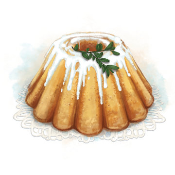 babka wielkanocna polana lukrem, udekorowana barwinkiem położona na serwetce