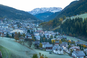 Beautiful autumn morning in Ortisei Village, Dolomites, Italy