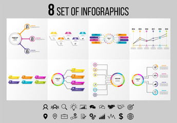 Set Of 8 Infographics Elements Vector Design Template. Business Data Visualization Infographics Timeline with Marketing Icons most useful can be used for workflow, presentation, diagrams, reports