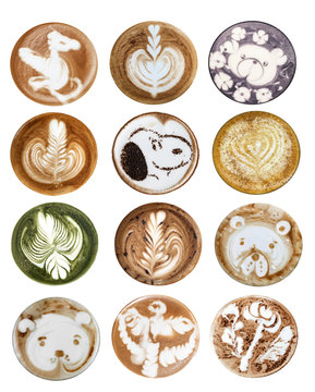 Collage of latte art pictures on white background isolated.  Coffee latte art cappuccino foam set bears, rose, heart, dog and flowers
