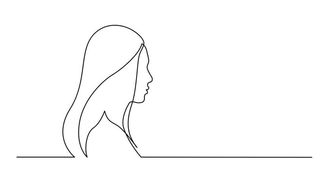 Self drawing line animation of profile portrait of woman with long hair