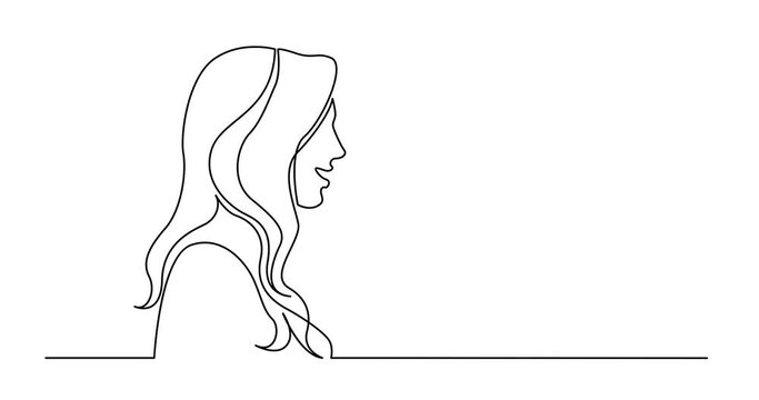 Self drawing line animation of profile portrait of woman with long hair