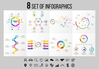 Set Of 8 Infographics Elements Vector Design Template. Business Data Visualization Infographics Timeline with Marketing Icons most useful can be used for workflow, presentation, diagrams, reports