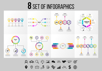 Set Of 8 Infographics Elements Vector Design Template. Business Data Visualization Infographics Timeline with Marketing Icons most useful can be used for workflow, presentation, diagrams, reports