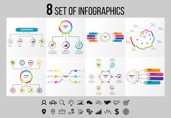 Set Of 8 Infographics Elements Vector Design Template. Business Data Visualization Infographics Timeline with Marketing Icons most useful can be used for workflow, presentation, diagrams, reports