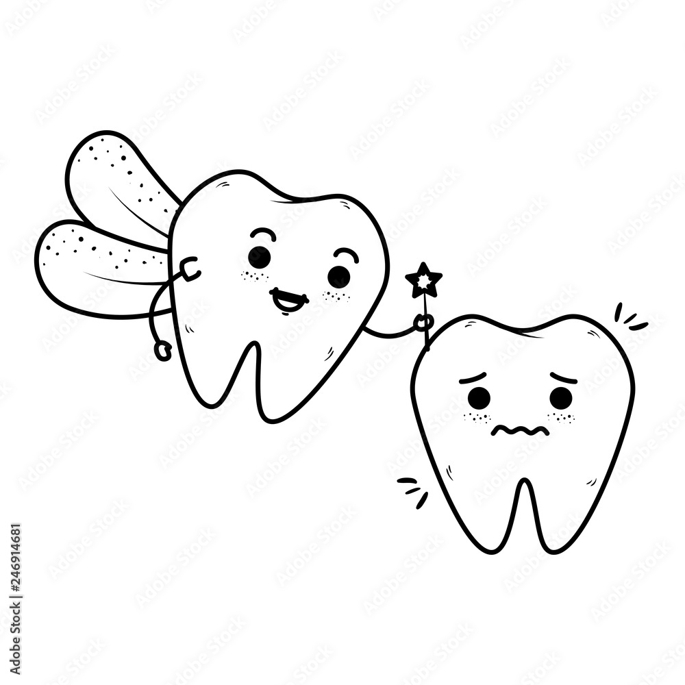 Poster comic teeth couple with fairy kawaii characters